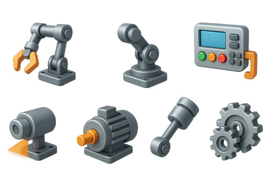 Industrial automation icon set: 3d design featuring robots, controls, and machinery elements