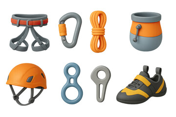 Fototapeta premium 3D-style icons of climbing gear: harness, carabiner, rope, chalk bag helmet, belay device, anchor, climbing shoes. Safe and strong 3D design Icon set. isolated transparent background.