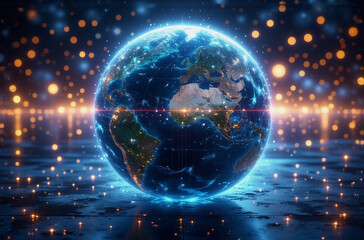 Obraz premium Illuminated Earth globe with city lights floats on reflective surface. Bokeh background with blue and orange lights creates a digital, futuristic feel.