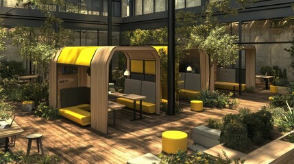 Modern Sunlit Workspace with Private Booths, Greenery, and Warm Textures for Productivity and Collaboration