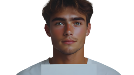 A young individual with a neutral expression wearing a white shirt and holding a blank paper