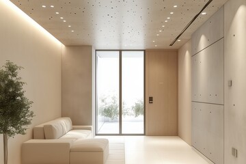 Sala de estar minimalista com paredes de concreto aparente, iluminação embutida no teto, janelas amplas com vista urbana e decoração neutra, IA generativa