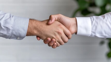 Fototapeta premium Handshake Two Men Formal Style Crisp Lighting Horizontal Close-up View Skin Texture Agreement Achieved Neutral Background Calm Professional Ideal for Business Websites
