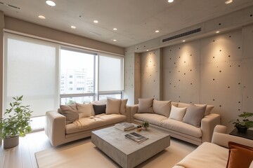 Sala de estar minimalista com paredes de concreto aparente, iluminação embutida no teto, janelas amplas com vista urbana e decoração neutra, IA generativa