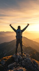 Fototapeta premium Back view of a solo traveler with a backpack standing on a mountain peak at sunrise, arms raised in celebration