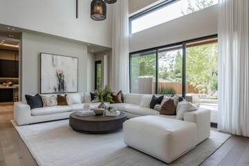 Fototapeta premium Sala de estar minimalista com paredes de concreto aparente, iluminação embutida no teto, janelas amplas com vista urbana e decoração neutra, IA generativa