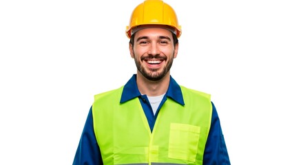 Smiling Caucasian construction worker in a yellow hard hat and safety vest, conveying safety and a positive attitude with copy space.
