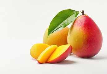 Fresh and Juicy Mango and Sliced Fruit on White Background with Green Leaf Detail Showcasing Natural Beauty and Summery Vibes Perfect for Healthy Eating