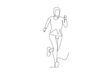 Muslim woman wearing hijab jogging. Hijabi jogging concept one-line drawing