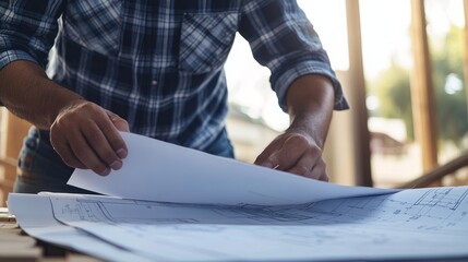 A Hispanic construction worker inspecting blueprints on-site. Featuring focus and planning