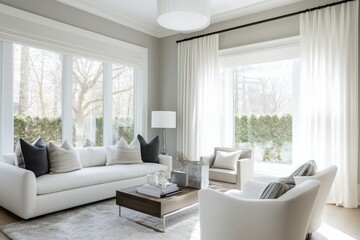 Fototapeta premium Sala de estar minimalista com paredes de concreto aparente, iluminação embutida no teto, janelas amplas com vista urbana e decoração neutra, IA generativa