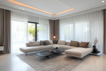 Sala de estar minimalista com paredes de concreto aparente, iluminação embutida no teto, janelas amplas com vista urbana e decoração neutra, IA generativa