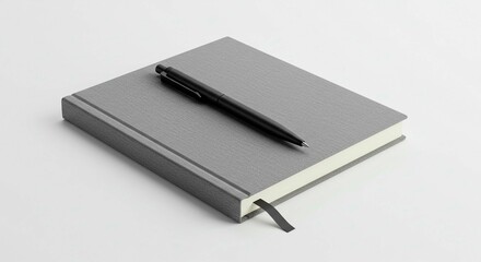 Closed gray notebook with a black pen lying on top, highlighting simplicity and the potential for notes and ideas.
