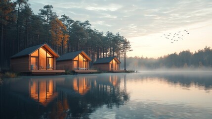 Fototapeta premium Tranquil Cabin Retreat by Calm Lake Amidst Serene Pine Forest