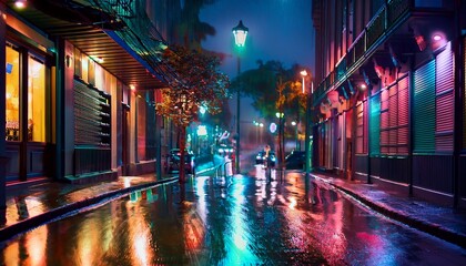 静かな雨の夜、灯りがにじむ街角