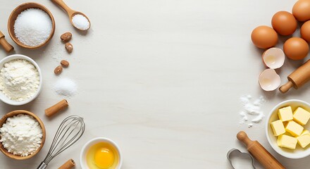 Baking Ingredients Flat Lay Flour, Eggs, Butter for Recipes