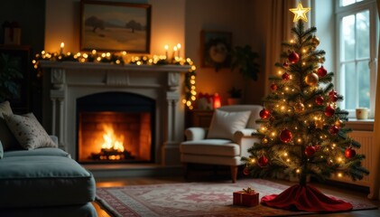 Christmas tree with colorful ornaments and twinkling lights in a cozy living room, tree, garland