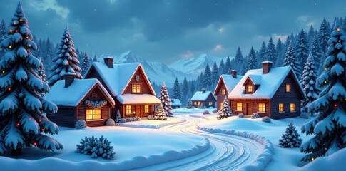 Christmas village with snow-covered houses and trees, village, snow