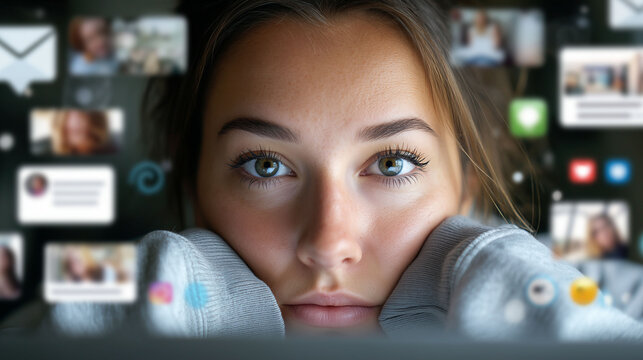Young caucasian female immersed in digital devices and social media concept of tech brands, social media platforms, marketing agencies