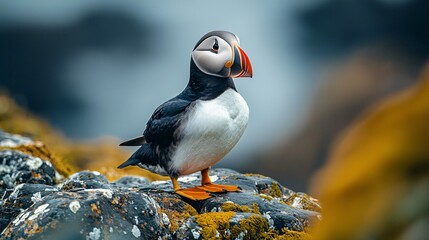 Puffin stands on rocky ground with blurred background of sea and vegetation.