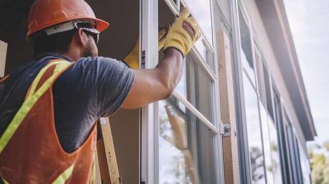 A Hispanic construction worker installing windows on a building. Featuring expertise and precision