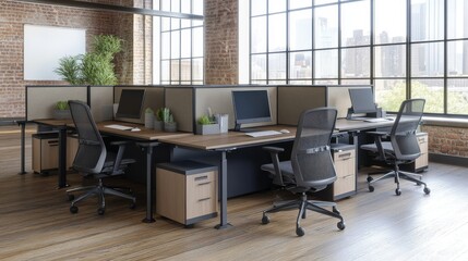 Modern Workspace with Neat Desks and Uniform Chairs in Soft Lighting