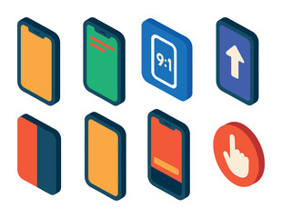 Isometric flat vector set of icons of mobile video: smartphone camera, vertical video, tap to record, mobile screen, swipe up, mobile UI, app video icon, hold to shoot. . , icons isolated transparent