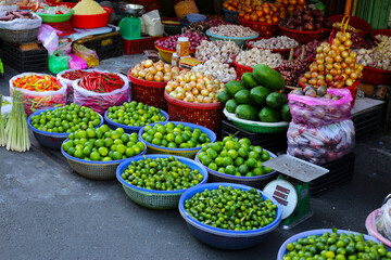Vegetables and fruits at a local market in Vietnam