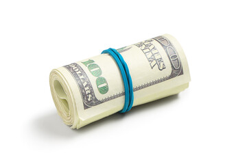 Roll of one hundred dollar banknotes tied with rubber band on white background