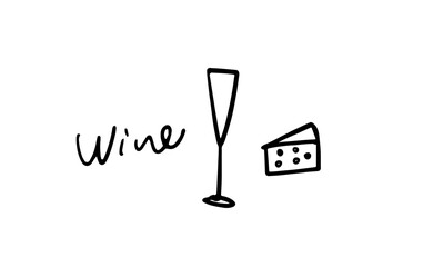 Wine glass, champagne glass and cheese vector illustration