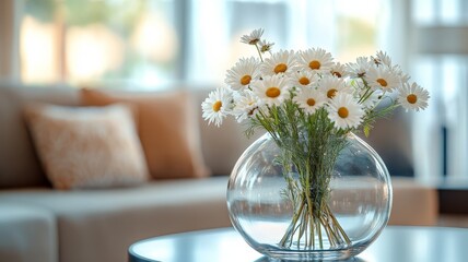 The vase is placed on the coffee table in the living room, with a few fresh flowers such as white daisies