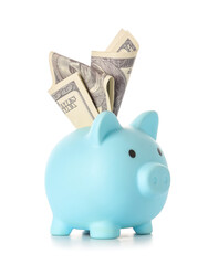 Piggy bank with one hundred dollar banknotes on white background