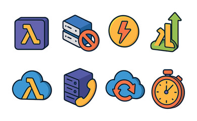 Isometric flat vector set of icons of serverless cloud: function icon, no server box, trigger icon, auto-scale function, lambda cloud, compute call, event-driven cloud, time function. isolated