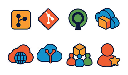 Isometric flat vector set of icons of open source cloud: code branch, Git icon, open license, cloud repo, public API, forked project, community build, contributor icon. isolated transparent