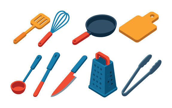 Vibrant 3d kitchen tools icon set featuring essential cooking utensils