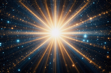 Radiant light bursts forth, illuminating a cosmic expanse filled with twinkling particles. Beams of energy emanate from a central glow, creating a dynamic and ethereal scene.