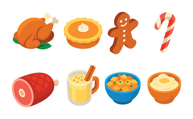 Isometric flat vector set of icons of holiday food: roast turkey, pumpkin pie, gingerbread man, candy cane, holiday ham, eggnog, stuffing bowl, mashed potatoes. isolated transparent background.