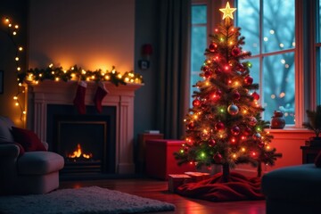 Colorful Christmas tree with ornaments and lights in a festive room , Holiday Season, Christmas Tree, Ornaments