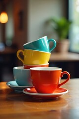 Fototapeta premium Colorful coffee cups stacked on a wooden table , coffee cups, coffee, wooden table