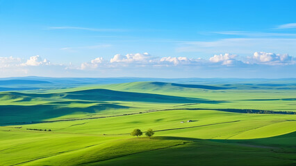 Obraz premium Blue sky, white clouds and green prairie