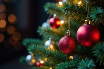 Obraz premium Colorful winter ornaments on a beautifully lit Christmas tree, Christmas, Ornaments