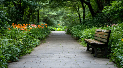 Park Pathway With Flowers And Bench