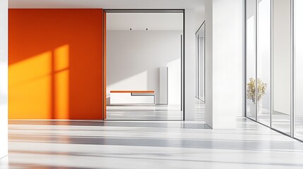 Modern Office Interior Design: Sunlight Illuminates a Minimalist Workspace with Orange Accent Wall