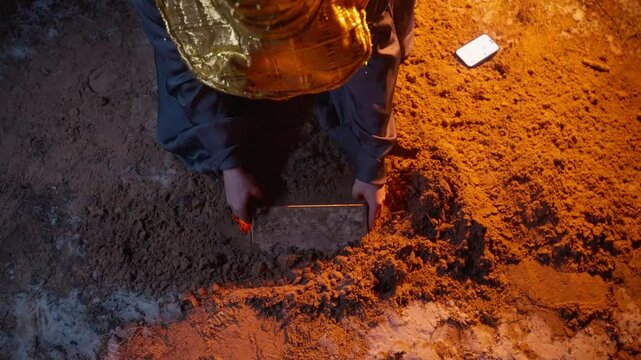 In a shadowy forest, a wizard kneels to uncover a hidden chest of treasure. The glow of a torch casts flickering light, revealing mysterious surroundings and the excitement of discovery.