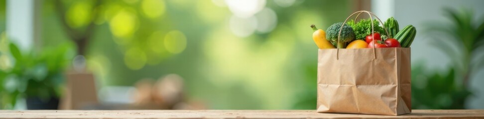 Brown paper shopping bag filled with fresh produce, paper,