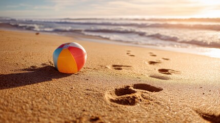 Obraz premium Colorful Beach Ball on Sandy Shore with Footprints Leading to Sparkling Ocean Waves