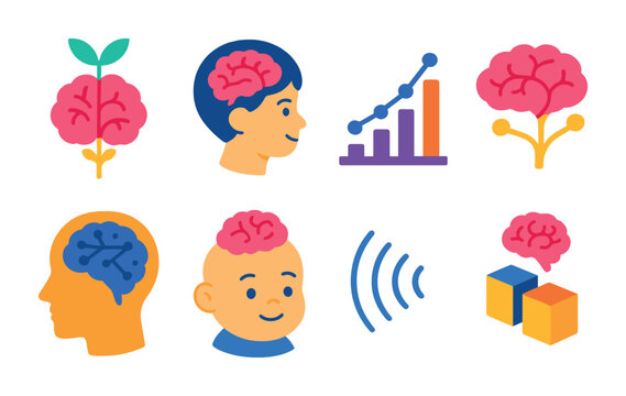 Isometric flat vector set of icons of brain development: growing brain, child brain, learning curve, neural growth, cognitive development, baby brain icon, stimulation waves, early learning. . ,