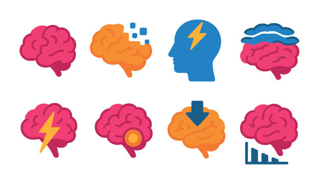 Isometric flat vector set of icons of brain disorders: Alzheimer’s icon, dementia brain, Parkinson’s symbol, brain fog, icon, seizure icon, brain tumor, cognitive decline. isolated transparent