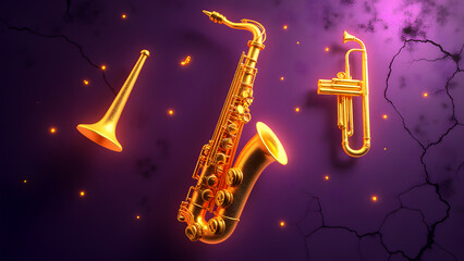 Naklejka premium Golden jazz instruments glow against purple textured backdrop, light pulsing to silent rhythms. 8K detailed musical reverie with staff lines weaving through.