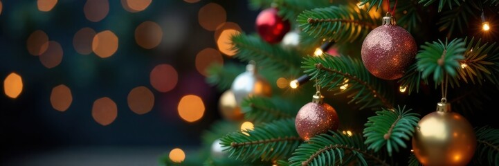 Christmas tree decorated with ornaments and lights, tree, presents